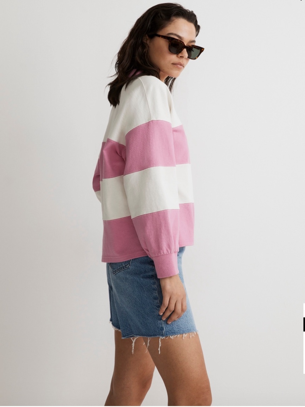 Madewell Striped Rugby Polo Shirt in Retro Pink - Picture 2 of 8